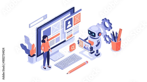 Isometric Web Design and Development with AI Robot Assistance, Illustrating Digital Creation