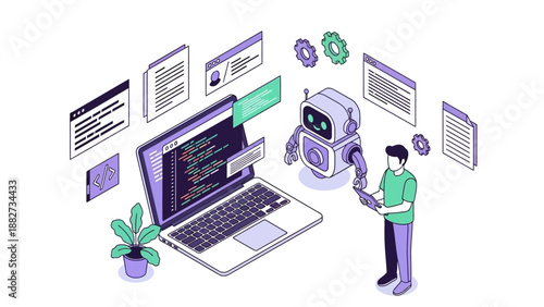 Isometric Illustration of Software Development, AI Robot, and Programmer Working on Laptop