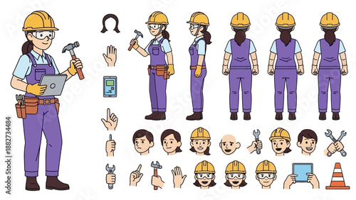 Construction Worker Character Kit: Front, Side, Back Views & Accessories