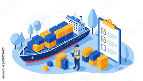 Isometric Shipping Logistics and Cargo Management with Checklist and Worker