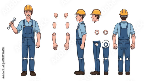 Construction Worker Character Rigged for Animation with Multiple Poses and Parts