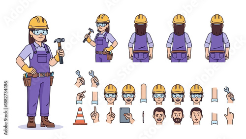 Female Construction Worker Character Kit with Various Poses, Emotions, and Tools