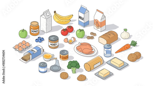 Isometric Assortment of Fresh Groceries and Food Items on White Background