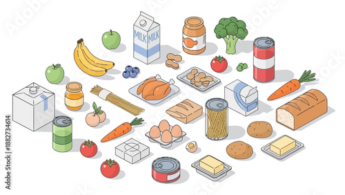 Isometric Collection of Fresh Grocery Food Items and Drinks, Vector Illustration