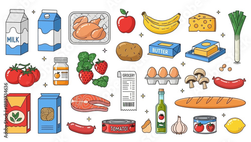 Vibrant Flat Vector Illustration of Fresh Grocery Food Items and Essentials