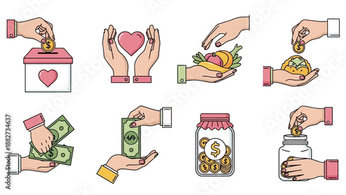 Charity and Donation Icons: Hands Offering Money, Food, and Coins for Support