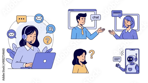Diverse Customer Support and Communication Methods, Vector Illustrations