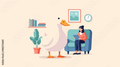 A cartoon goose stands beside a woman on a couch with a tablet