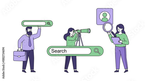 Diverse business team using search tools and technology for data analysis and online research