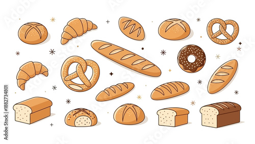 Assorted Baked Goods and Pastries Collection, Vector Illustration