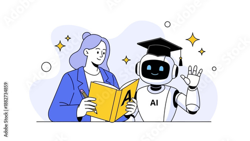 AI Robot Learns From Woman Reading Book with Graduation Cap and Pencil