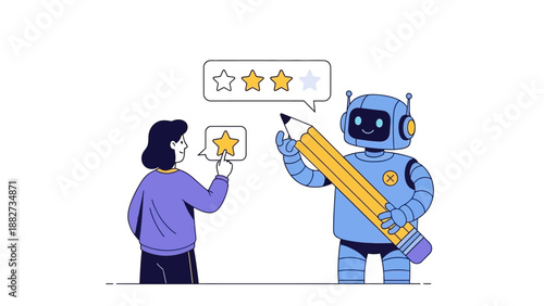 Robot and person interacting with a star rating system for customer feedback and evaluation