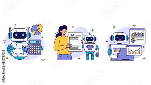 Robots assisting with taxes and financial data analysis in modern business