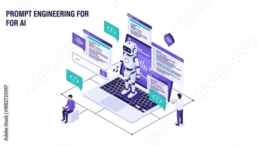 Prompt Engineering for AI: Isometric Illustration of Robot, Laptop, and Developers