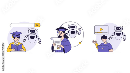 Set of illustrations depicting students learning with AI and robots, graduation, and online