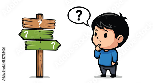 Cartoon boy standing next to a wooden signpost with question marks, looking puzzled in a thoughtful pose against a clean white background.