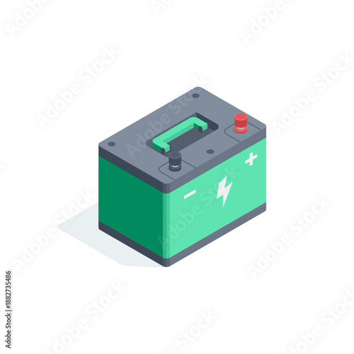 Isometric vector car battery, in color on a white background, automotive components or accessories, eco-friendly power source