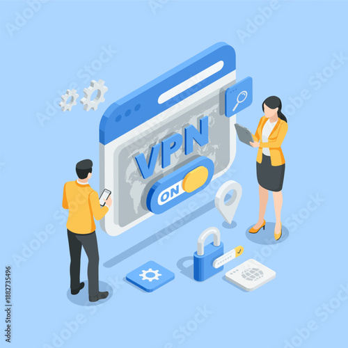 isometric vector program window with the word VPN and a slider for enabling it, as well as business people with gadgets, in color on a blue background, using VPN application