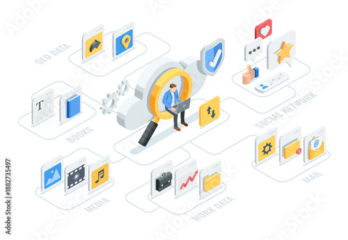 Isometric vector man with laptop sitting in cloud on magnifying glass and icons of stored data, in color on white background, working with data in the cloud