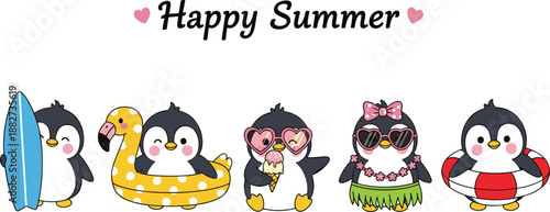 Happy summer penguin cartoon vector set with beach accessories, inflatable rings, ice cream, and cute tropical holiday style