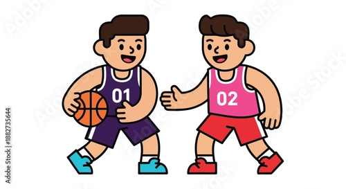 Two cartoon boys playing basketball with a ball on a plain white background.