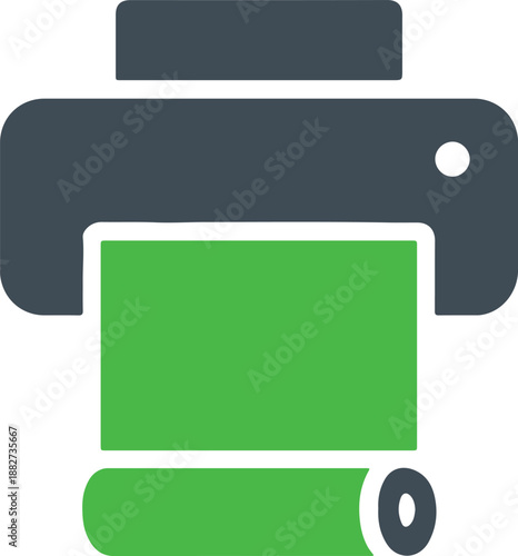 Printer icon with green paper roll simple vector graphic for printing services and office technology concepts isolated on white background