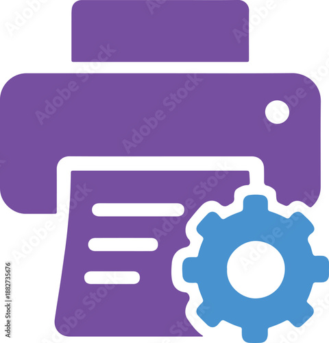 Purple printer icon with blue gear representing printing settings or document management flat vector illustration for technology and office concepts