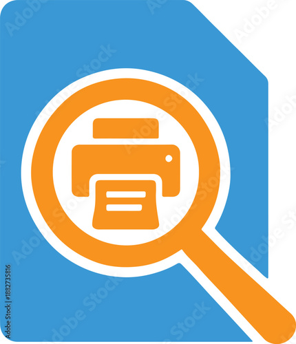 Magnifying glass over a printer icon representing document search and printing services flat design vector illustration for business concepts