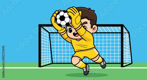 Cartoon illustration of a young boy in a yellow uniform catching a soccer ball in front of a goal on a green field.