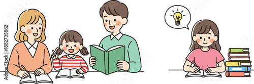 Happy family studying together and child learning alone illustration with books, ideas, education concept, and soft flat style
