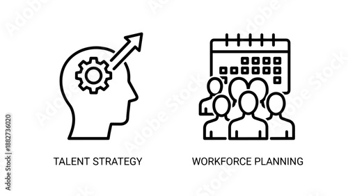 Icons for consulting assessment with a magnifying glass on a document and business assessment with a graph and gear.
