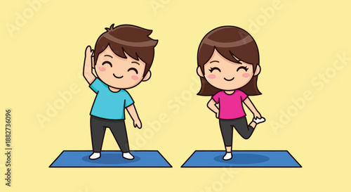 Cartoon illustration of a smiling boy and girl in casual clothes standing on yoga mats in a playful pose against a bright yellow background.