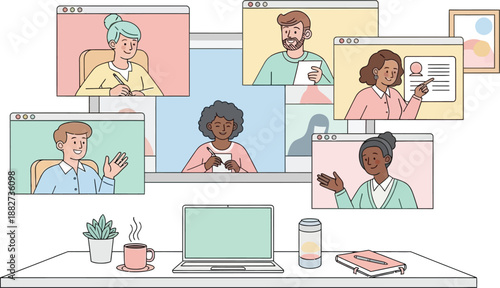 diverse people participating in a virtual meeting in a modern workspace