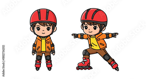 Two cartoon boys wearing rollerblades and helmets, one standing still and the other in motion, against a clean white background with a playful and energetic mood.