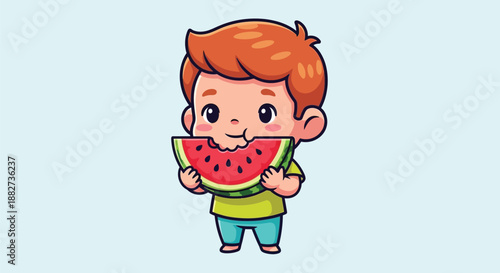 A cheerful cartoon boy eating a slice of watermelon against a light blue background with a happy expression.