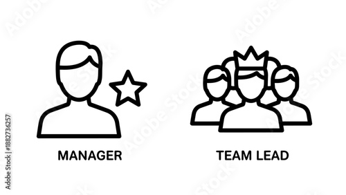Business management and leadership icons featuring manager with star and team lead with crown and group of people, black line vector illustration.