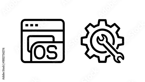 Software configuration and operating system settings icons showing browser window with OS label and gear with wrench, technical support concept.