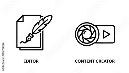 Creative media profession icons representing editor with quill pen and content creator with camera shutter and play button symbols.