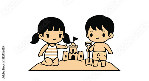 Illustration of a smiling girl and boy building a sandcastle on a sandy beach with a sunny and playful mood.