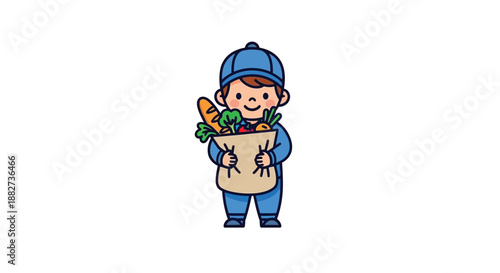 A cheerful cartoon boy holding a paper bag with vegetables against a clean white background with a playful mood.