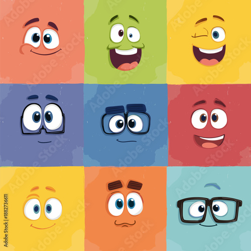 Cheerful cartoon faces on a colorful background expressing various emotions and concepts. Cartoon faces showing emotions and different personalities
