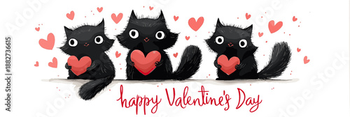 Three cartoon black cats holding red hearts with floating additional hearts against a white background. Three black cats holding hearts celebrating Valentine's Day