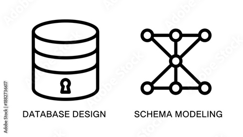 Data architecture icons for database design and schema modeling featuring a locked storage cylinder and node network graph