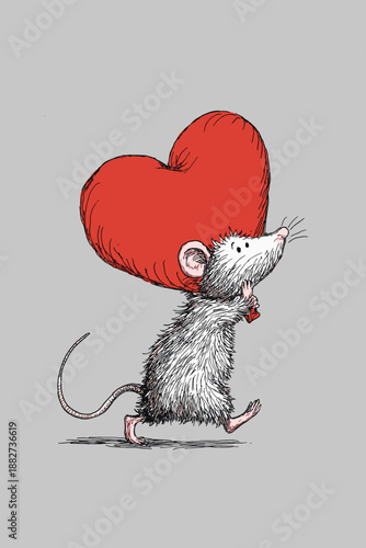 Cartoon gray rat running with a large red heart on a solid red background. Cute gray rat carrying red heart running