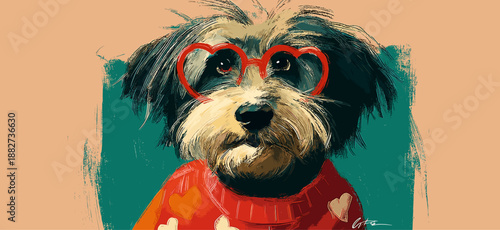 Doodle dog wearing a red heart sweater with heart-shaped glasses. Dog wearing red heart sweater and glasses for Valentine