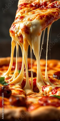 A close-up shot of a cheesy pizza pull, showcasing the stretchy mozzarella as a slice is lifted, pizza,  close-up