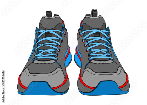 ブルーとグレーのスニーカー 正面前向き フラットのイラスト アイコン素材