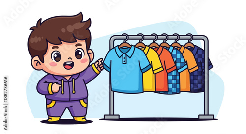A cheerful cartoon boy pointing at a rack of colorful shirts in a vibrant display.