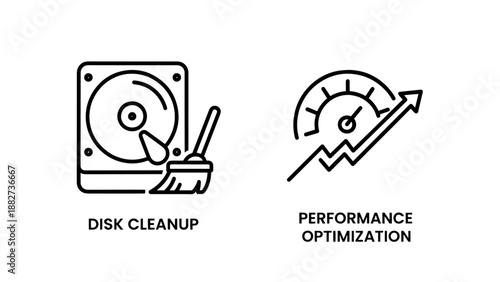 Computer maintenance and system speed icons showing disk cleanup with a broom and performance optimization gauge