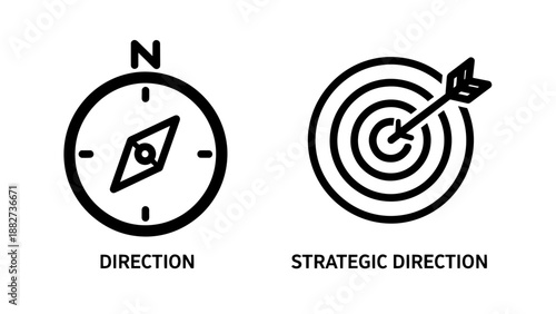 Direction and Strategic Direction Business Icons, Compass Navigation and Target Goal Achievement Symbols
